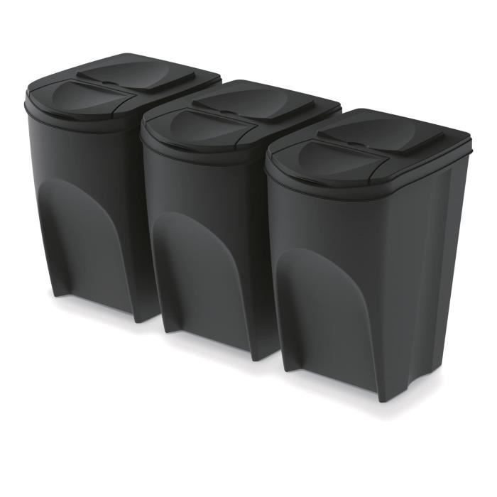 Lot De 3 Poubelles De Tri SORTIBOX 75L (3x25L) - Plastique Recyclé, Noir, Modulables, Couvercle Avant