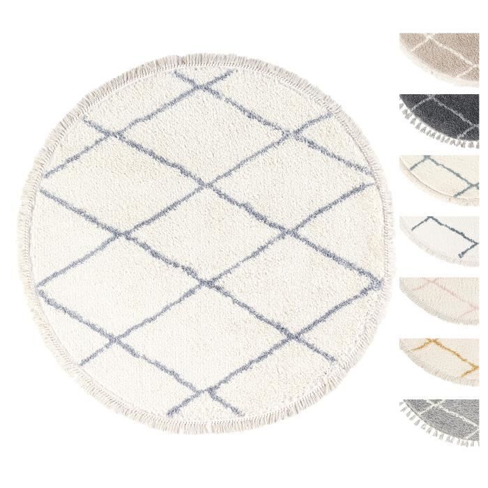 Tapis Rond Tufté Blanc Motif Berbère Noir D180 ELSULA | Maisons Du Monde