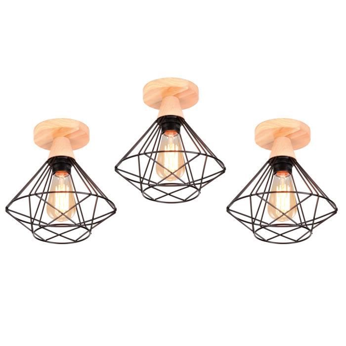 UNI 3PCS Plafonnier Industriel en Métal et Bois Design Rétro Luminaire pour Escalier Couloir Entrée Noir