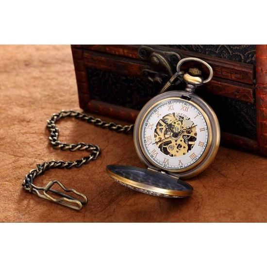 ManChDa Montre De Poche Steampunk Squelette - Double Coque Mécanique Antique Romains