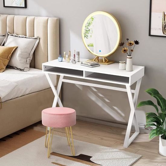 Tabouret De Coiffeuse/pouf De Rangement En Velours Beige - 34x34x44 Cm, Capacité 136 Kg - Avec Espace De Rangement Caché