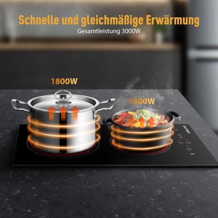 GASLAND CH30BF Plaque De Cuisson Vitrocéramique 30cm - Électrique 2 Zones 3000W, Commande Tactile, Sécurité Enfants