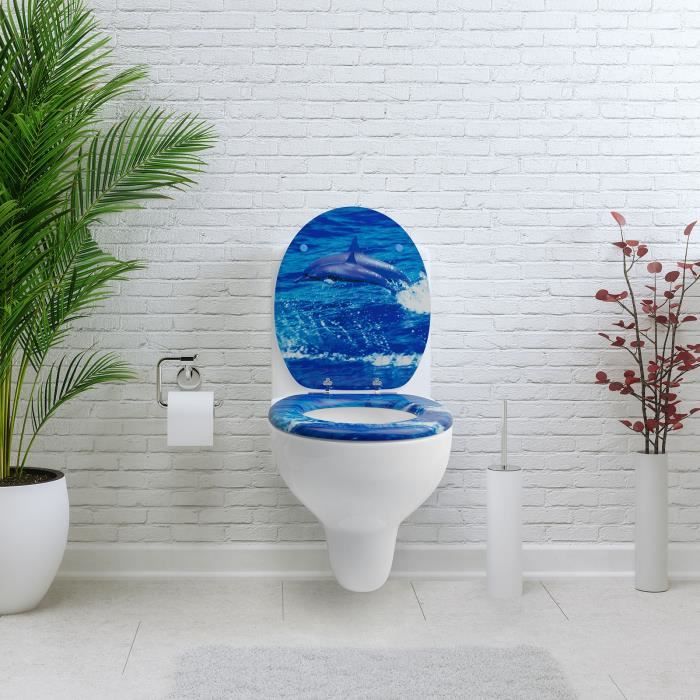 Sanfino Abattant WC en bois avec frein de chute qualite superieure nombreux motifs colores confortable Dolphin