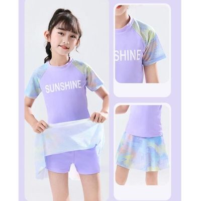 Maillot De Bain Fille Bikini Deux Pièces Tankini - 2-14 Ans Motif Fleurs Volants (Purple 6-8 Years)