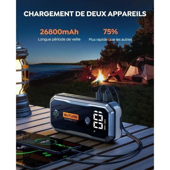 Booster Batterie Voiture 7000A + Compresseur Air 160 PSI - 27000mAh Multifonction - 4