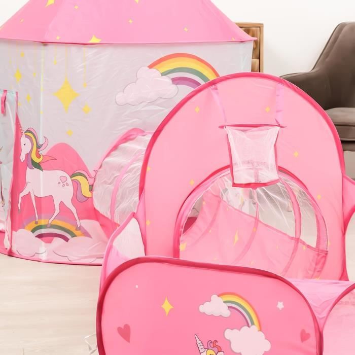 Baroni Toys 3 en 1 Pop Up Tente Tunnel et Piscine pour Enfants 3 4 5 6 7 Ans, Rose avec Licornes
