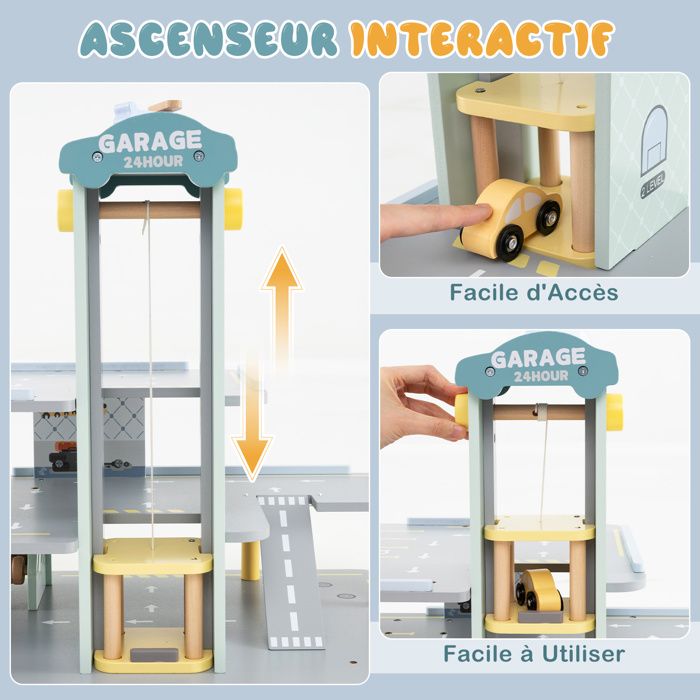 Grand garage en bois à trois étages pour enfants - Parking avec ascenseur, station-service, station de lavage & hélicoptère | Mamabrum