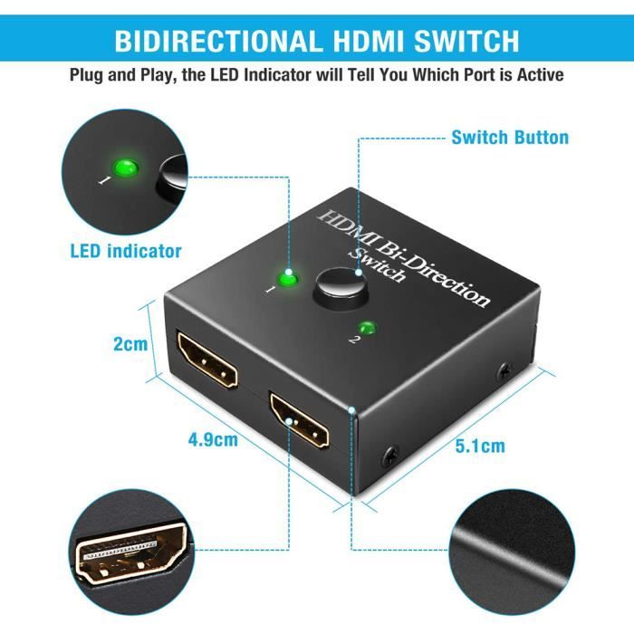 Ototon® Switch HDMI 4K Commutateur HDMI Bi-directionnel 2 Entrées
