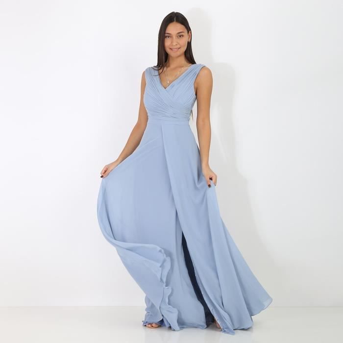 Robe longue drapee bleue avec fente Bleu Cdiscount Pret a Porter