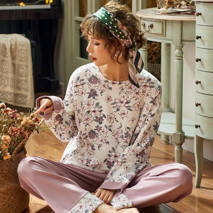 Pyjama femme 100 coton Haut et pantalon Long Imprime Automne Blanc Vert Blanc Cdiscount Pret a Porter