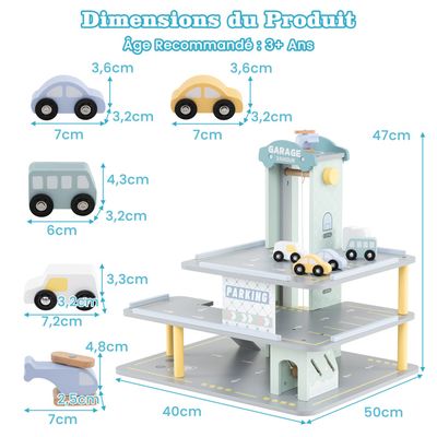 DREAMADE Garage En Bois Pour Enfants – 3 Niveaux, Ascenseur, Lavage Auto, Station-service, 4 Voitures + Hélicoptère – Dès 3 Ans