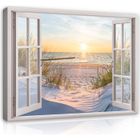 WALLARENA Impression sur Toile Fenêtre Plage Mer 3D Effet 100x75 cm XXL Tableau Décoration Murale Intissée pour Salon Chambre pret a accroche