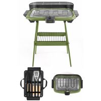 Barbecue Electrique sur Pieds ou de Table Vert 2000W + Set de 4 accessoires pour barbecue Acier inoxydable avec finition bois