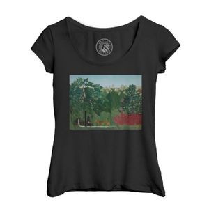 T-SHIRT T-shirt Femme Col Echancré Noir La Cascade Henri Rousseau Peinture Art Naif
