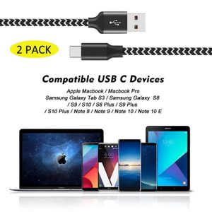 CÂBLE TÉLÉPHONE Cable USB Type C [2-Pack 2m/2m] Nylon Charge Rapide Chargeur pour Samsung S9/S9plus/S8/A7 A5 A3 2017,Huawei P30/P20/P20