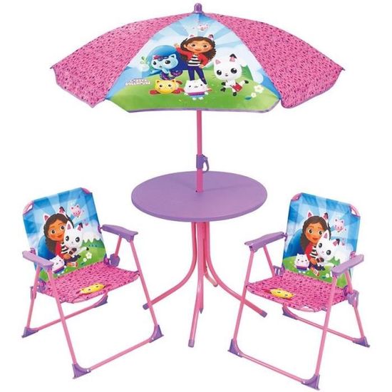Mobilier de jardin - FUN HOUSE - Salon de jardin Gabby et la Maison Magique Table 46 x 46 cm 2 chaises pliantes parasol 125 x 100 cm
