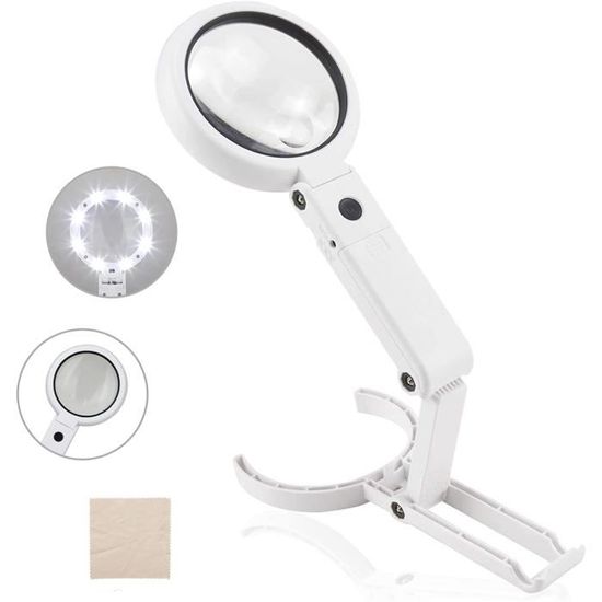 Loupe Compte-Fils LED 10x - Lentille Verre, Pliable, 2 LED, Piles LR927, Pour Bijoux Réparation