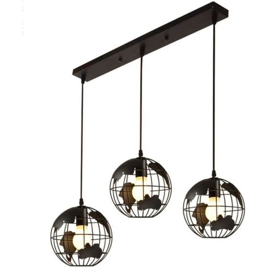 CSDM.AI Plafonnier Industriel Noir, Lustre De Carte Globe Terrestre 3 Lumi&egrave;re, Lampe Suspension Vintage pour Lampe G&eacu700
