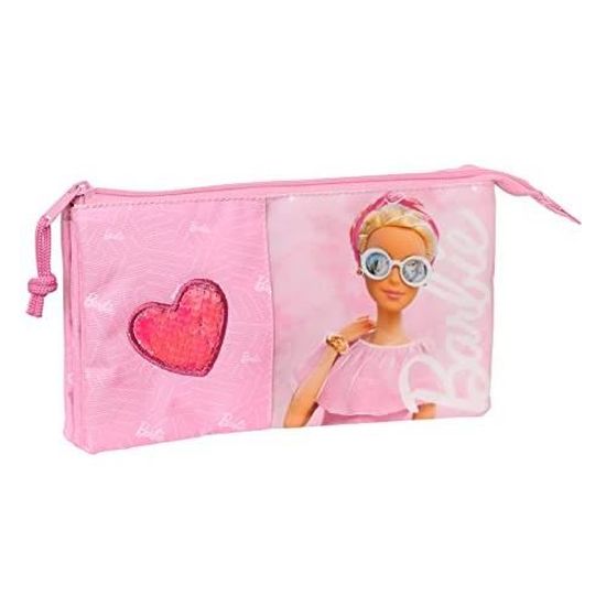 Trousse Triple Compartiments Barbie Cœurs - Pour école, Enfants - Polyester Résistant - 22x12x3 Cm