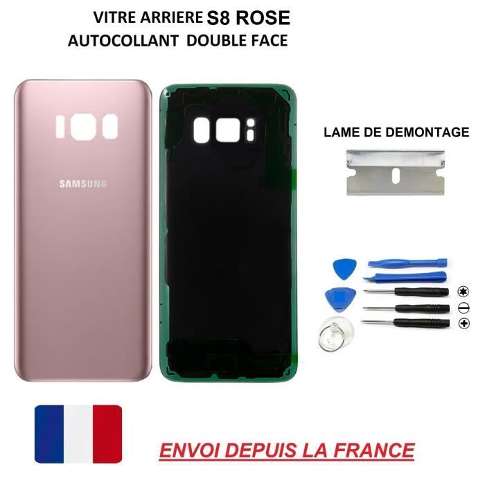 vitre arrière SAMSUNG GALAXY S8 rose, qualité origine, coque cache batterie, double face Adhésifs, kit outils, lame rasoir de démont