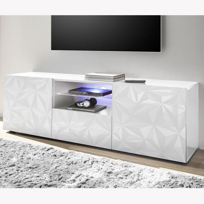 Grand meuble télé design blanc laqué sans éclairage NINO L 181 x P 42 x H 79 cm Blanc