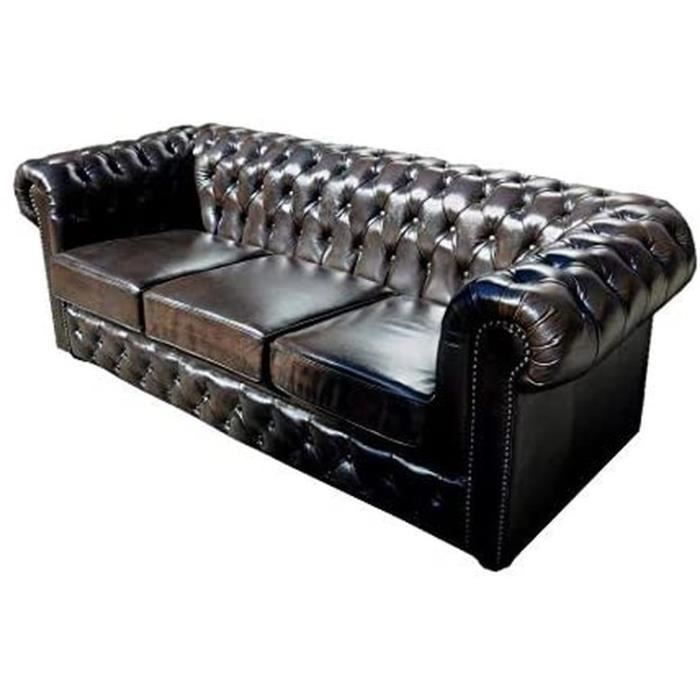 JVmoebel Chesterfield 3 Places Canapé Rembourrage Canapé Ensemble Noir Immédiatement En 100% Cuir