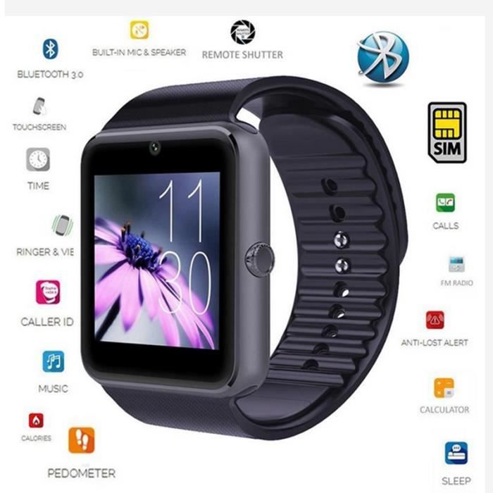 GT08 Bluetooth montre Smart Watch Téléphone avec carte SIM Insert anti-perte Rappel d'appel - Noir