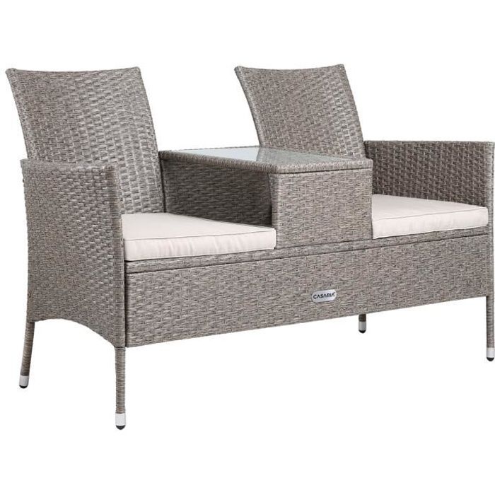 Banc de jardin polyrotin 2 places table plateau coussins salon de jardin meubles extérieurs