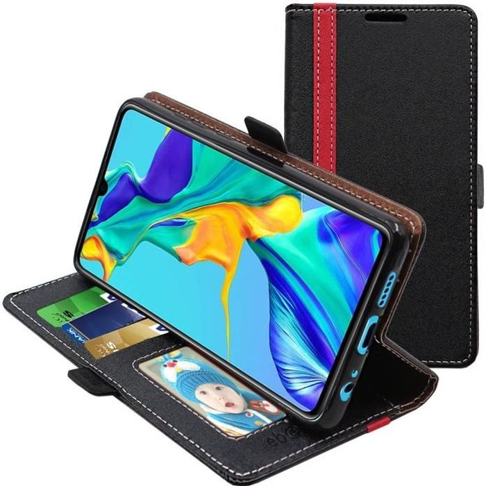 ebestStar ® pour Huawei P30 - Etui Portefeuille PU Cuir , Noir / Rouge