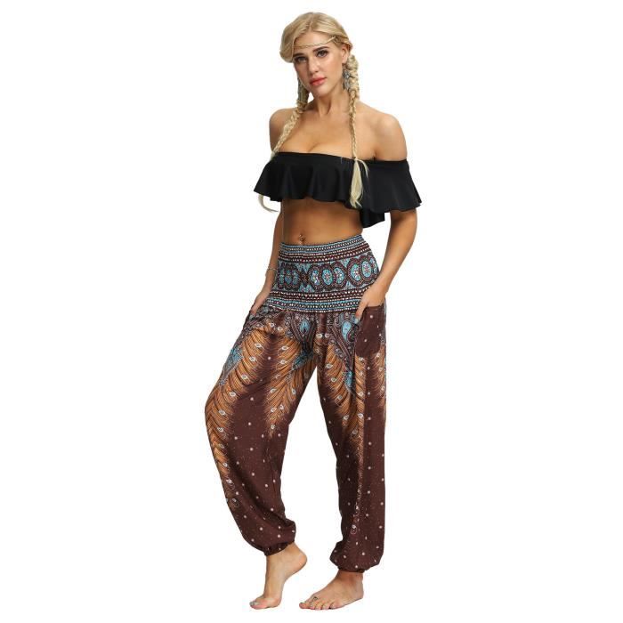 Femme Harem Pantalon Yoga Sarouel Legers Hippie Baggy Léger Ethnique Calqué Smockée Taille Haute avec Poches Été Plage