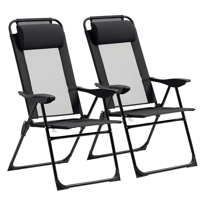 Lot de 2 chaises de jardin camping pliables - dossier inclinable 5 positions - tétière incluse - acier époxy oxford textilène noir