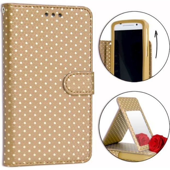 PH26® Etui housse folio or gold à pois dorés pour Thomson Serea 405 en éco-cuir avec porte cartes, miroir et surpiqures apparentes