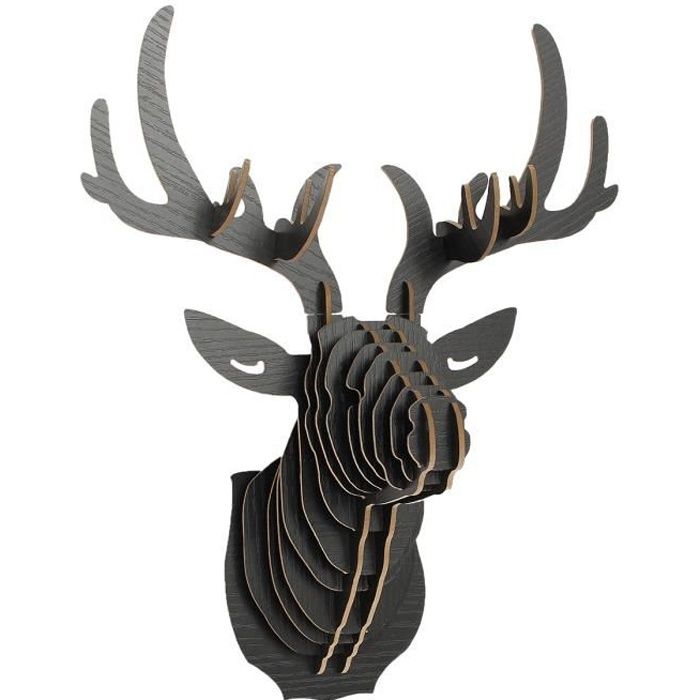 TEMPSA Tête de Cerf Sculpture DIY 3D Bois Décoration Murale Noir objet décoratif