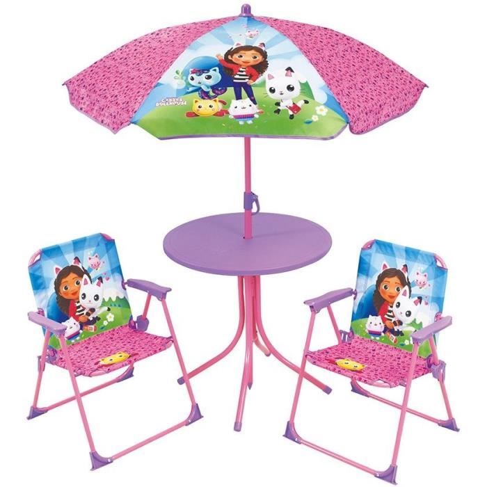 Mobilier de jardin - FUN HOUSE - Salon de jardin Gabby et la Maison Magique Table 46 x 46 cm 2 chaises pliantes parasol 125 x 100 cm