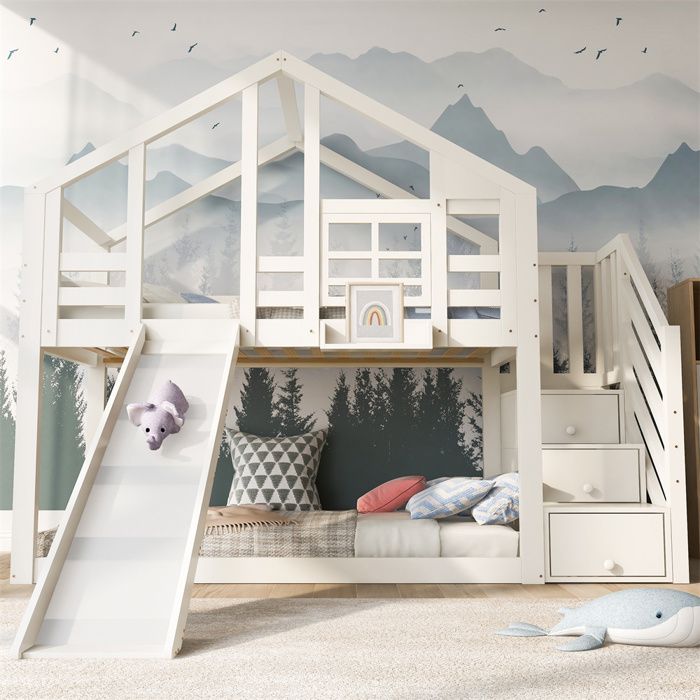 DRIPEX Lit superposé 90×200cm avec toboggan et escaliersLit maison cabane pour enfants2xsommier à lattesBlanc