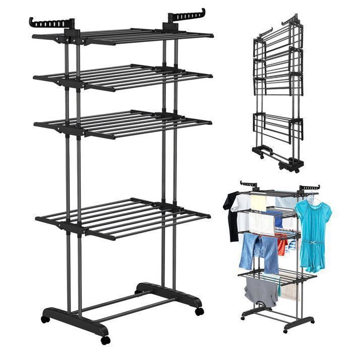 Séchoir à Linge Pliable WeValley Acier Inoxydable Antirouille 4 Niveaux Pliable Compact Pour Intérieur Extérieur Balcon Nior