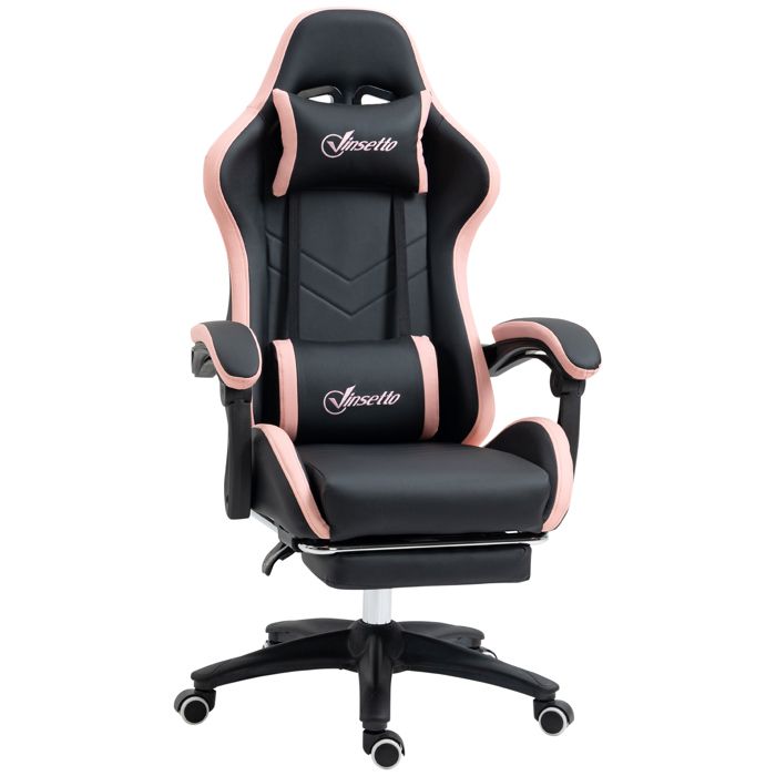 Chaise gaming - Vinsetto - ergonomique avec dossier inclinable à 135° - et soutien lombaire appui-tête repose-pieds - rose