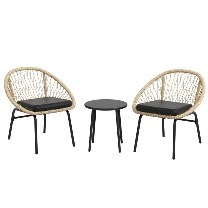 meubles jardin rotin 3 pièces table basse + 2 chaises balcon avec coussins résistants intempéries polyester jaune
