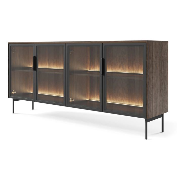 Buffet 4 portes vitrées avec LED – SELSEY LUMI – 181 cm – chêne Dunin