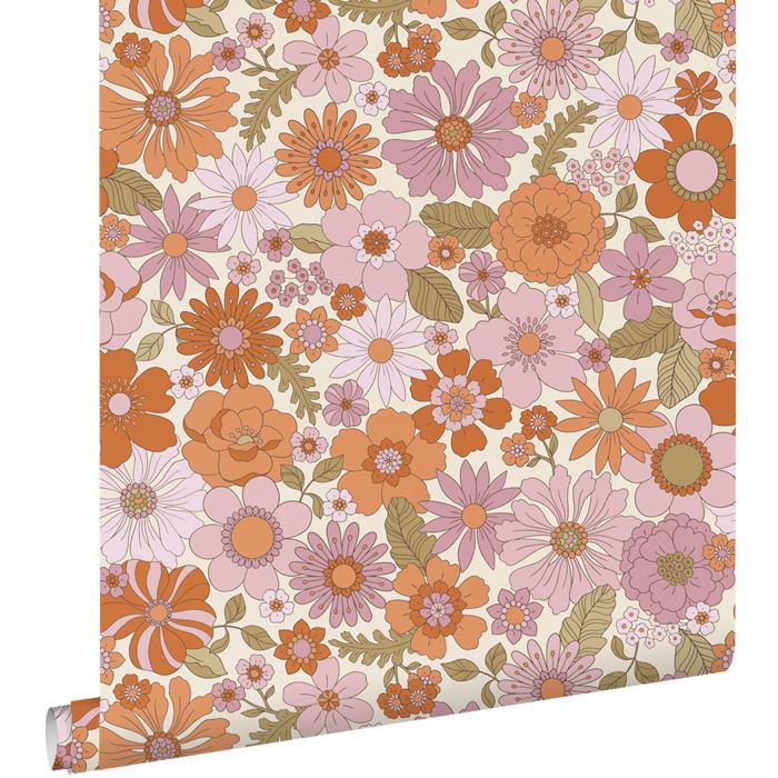 Papier peint fleurs rétro violet et orange - 53 cm x 10.05 m - ESTAhome