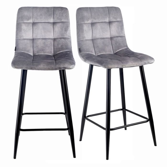 Lot 2 chaises de bar assise H.75 cm en velours gris clair - NAMI 2 Meubletmoi Lot 2 chaises de bar assise H.75 cm en velours gris clair - NAMI 2 Meubletmoi