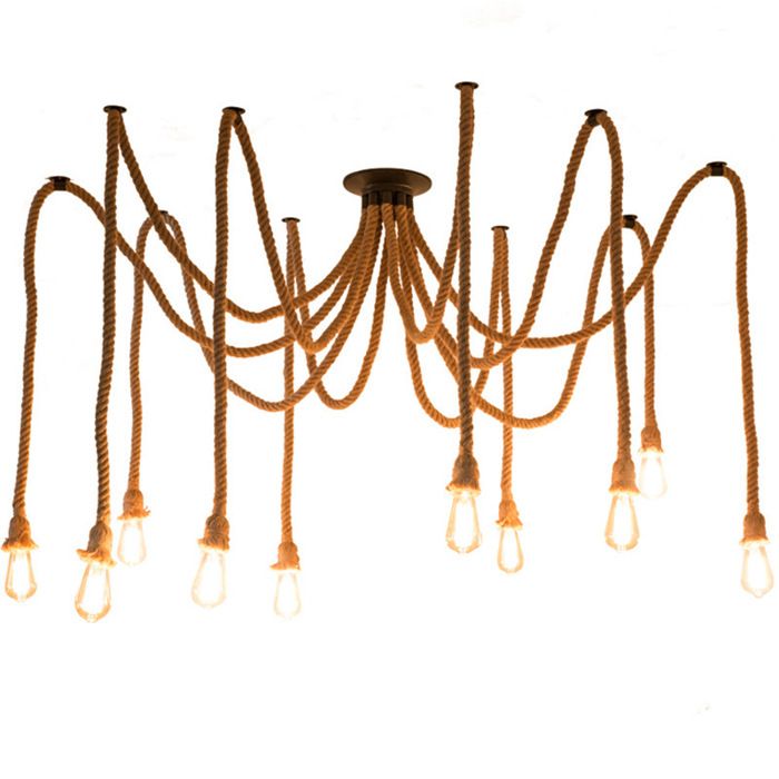 WOTTES Suspension Luminaire Induistrielle Lampe Vintage Réglable Lustre en corde de chanvre Créatif Pour Restaurant Bar(10 têtes)