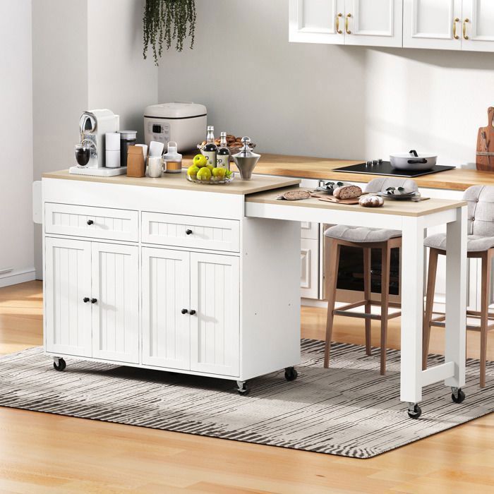 Desserte de Cuisine 112–180 cm - Îlot de Cuisine Roulant avec Table Extensible pou Petit Déjeuner Tiroirs Blanc & Bois Clair Desserte de Cuisine 112–180 cm - Îlot de Cuisine Roulant avec Table Extensible pou Petit Déjeuner Tiroirs Blanc & Bois Clair