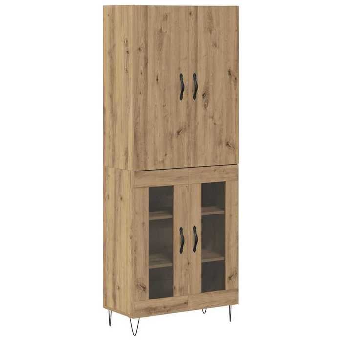 Buffet en bois dingénierie et verre - GKO - Chêne artisanal - 69 5x34x180 cm - 4 portes - Poids maximal 60 kg