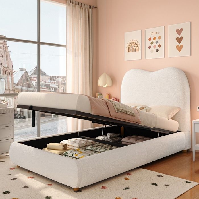Lit rembourré enfant 90x200 cm Lit coffre hydraulique Lit capitonné en bouclé avec rangement et sommiers à lattes - beige