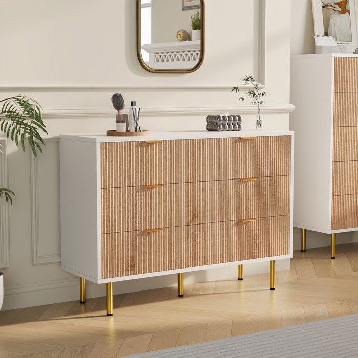 Commode - DREAMMESPACE - 6 Tiroirs - Blanc et Bois Clair - 100x34x73cm - Design Moderne