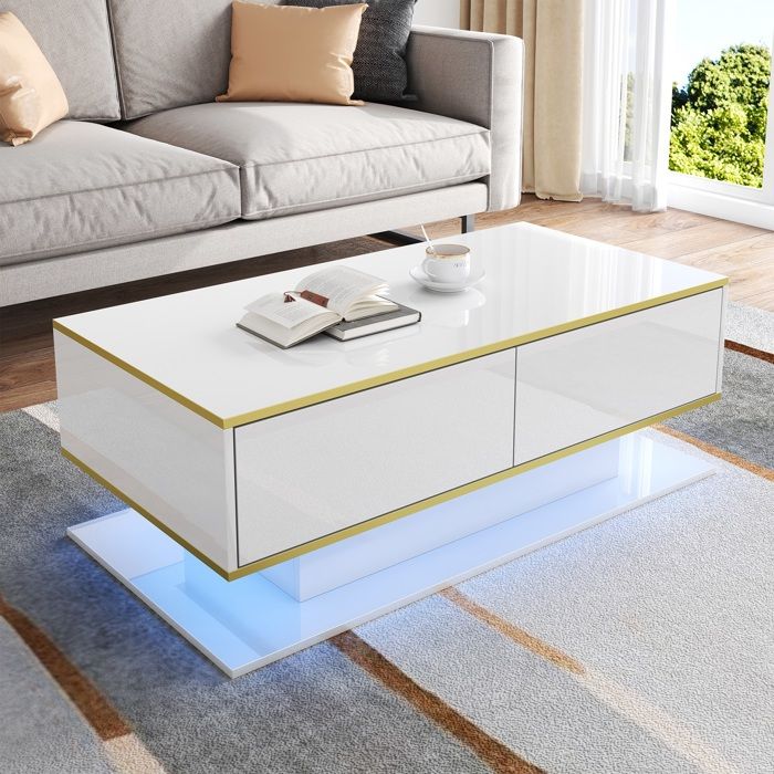 Table basse moderne brillante - MODERNLUXE - 100x50x40 cm - Éclairage LED - 3 tiroirs - Étagères ouvertes - Blanc+doré Table basse moderne brillante - MODERNLUXE - 100x50x40 cm - Éclairage LED - 3 tiroirs - Étagères ouvertes - Blanc+doré