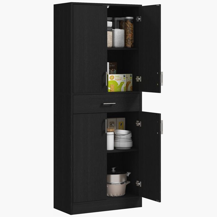 Buffet de cuisine - HOMCOM - 2 étagères réglables 4 portes 2 placards et 1 tiroir central - hauteur 180 cm - noir