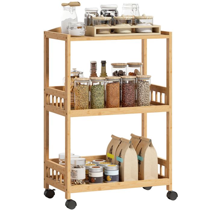 Chariot de cuisine - HOMCOM - 3 niveaux de rangement - à roulettes - bambou - 53x305x83cm - bois naturel