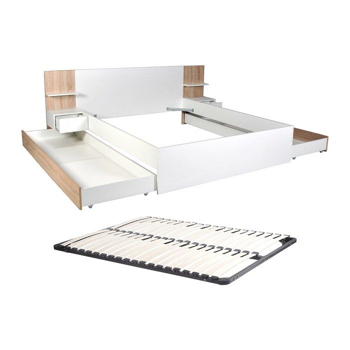 Lit avec tiroirs 160 x 200 cm – Avec 2 chevets et tablettes - Blanc et naturel + Sommier – KLYRANA